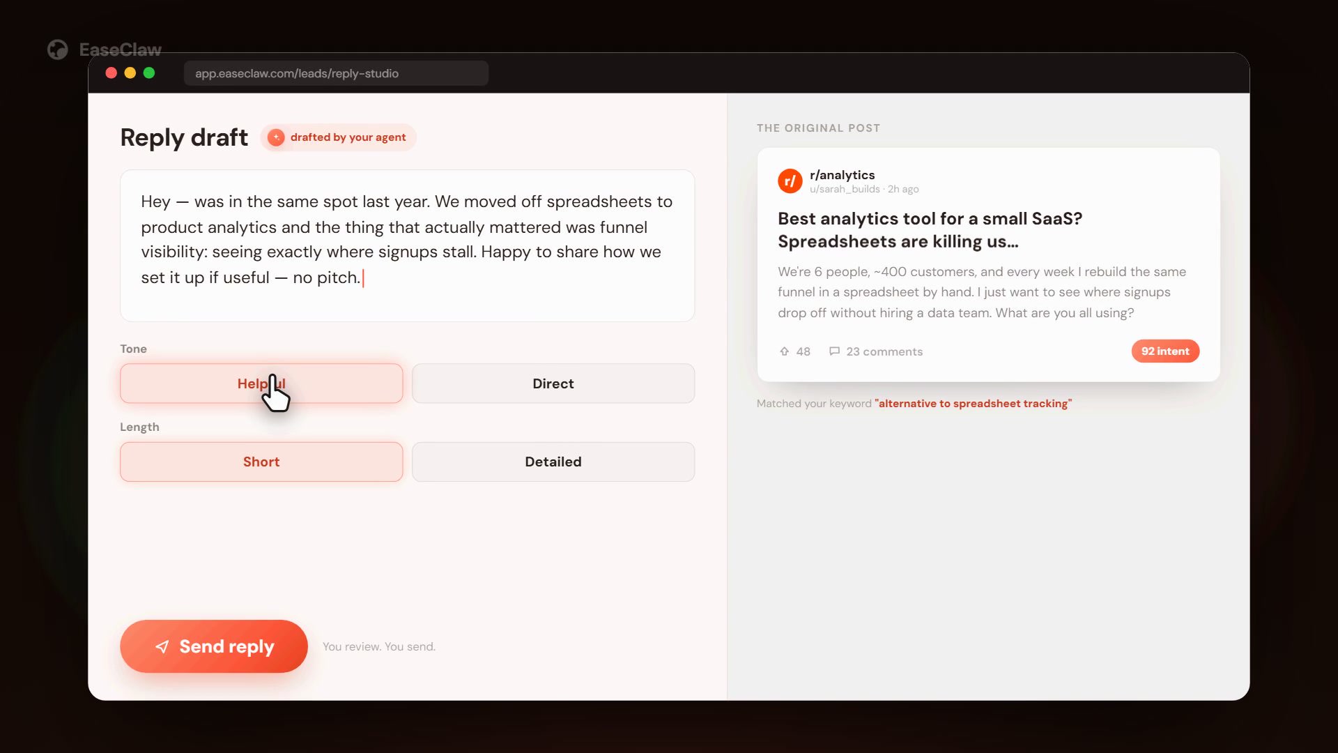 EaseClaw reply studio: a drafted reply next to the original post, with a send button the human clicks