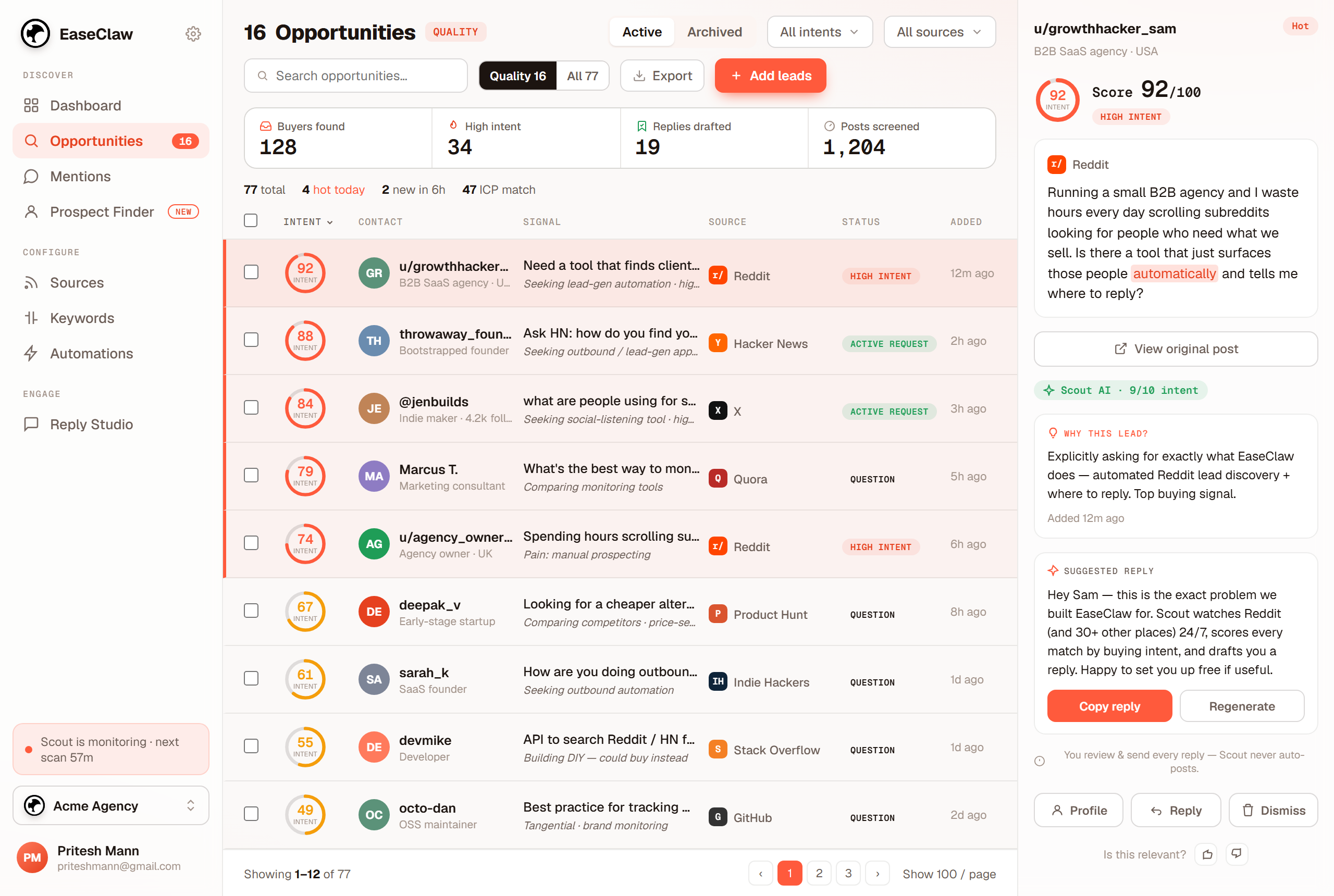EaseClaw Opportunities dashboard, leads ranked by buying intent, each with a drafted reply